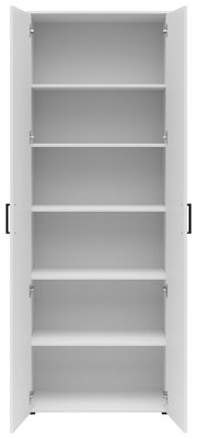 Weißer Mehrzweckschrank mit offenen Türen und fünf Regalböden, frontale Ansicht