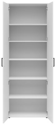 Weißer Mehrzweckschrank mit offenen Türen und fünf Regalböden, frontale Ansicht