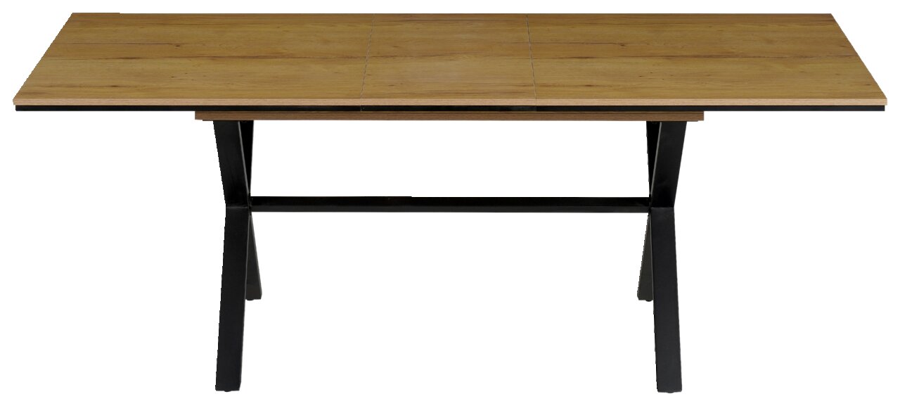 Moderner Esstisch aus Holz mit schwarzem Metallgestell, Ansicht von vorne.