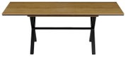 Moderner Esstisch aus Holz mit schwarzem Metallgestell, Ansicht von vorne.