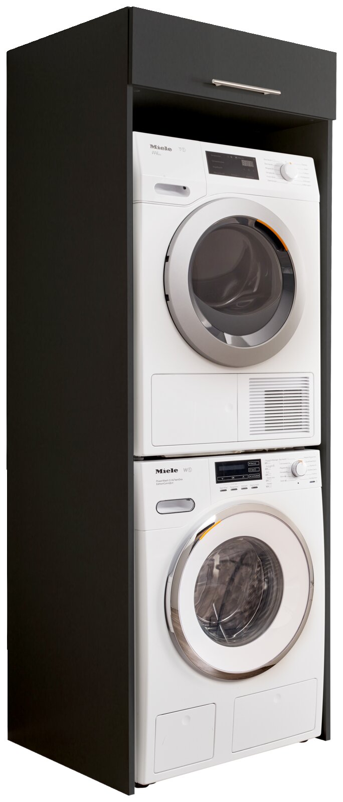 Doppel-Geräteschrank mit Waschmaschine und Trockner, seitliche Perspektive