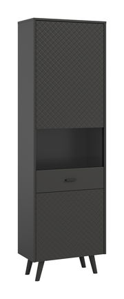 Schwarze Vitrine mit Rautenmuster, frontal betrachtet