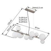 Moderne Hängeleuchte mit mehreren kugelförmigen Lampenschirmen in verschiedenen Größen, seitliche Perspektive.