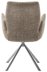 Rückansicht eines modernen Sessels mit grauem Stoffbezug und Metallbeinen.