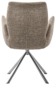 Rückansicht eines modernen Sessels mit grauem Stoffbezug und Metallbeinen.