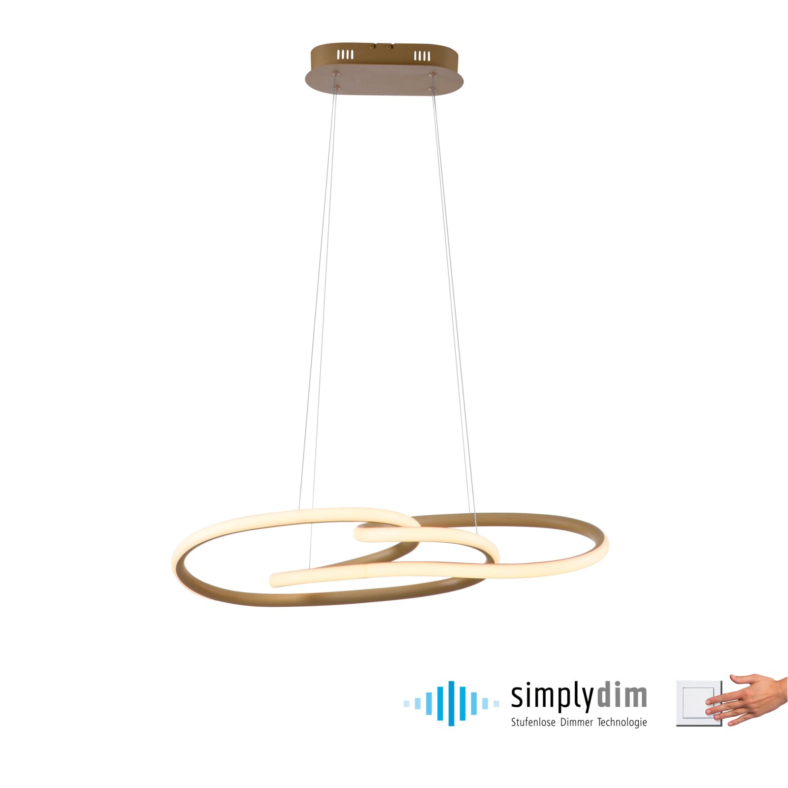 Moderne LED-Pendelleuchte in Gold mit zwei ineinander verschlungenen Leuchtringen, warmweiß leuchtend, an dünnen Seilabhängungen; Produktansicht leicht von vorne/seitlich auf weißem Hintergrund