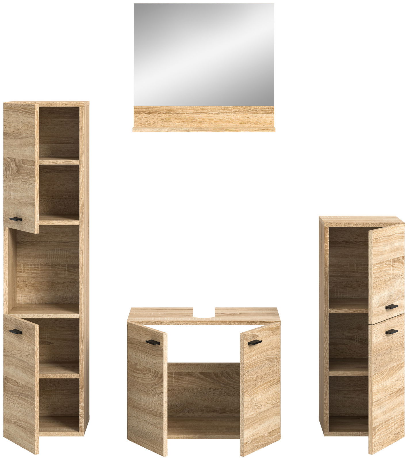 Badkombination aus Holzoptik mit zwei hohen Schränken, einem Waschbeckenunterschrank und einem Spiegel, frontal betrachtet.