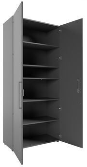 Grauer Aktenschrank mit zwei geöffneten Türen und fünf Einlegeböden, seitliche Perspektive