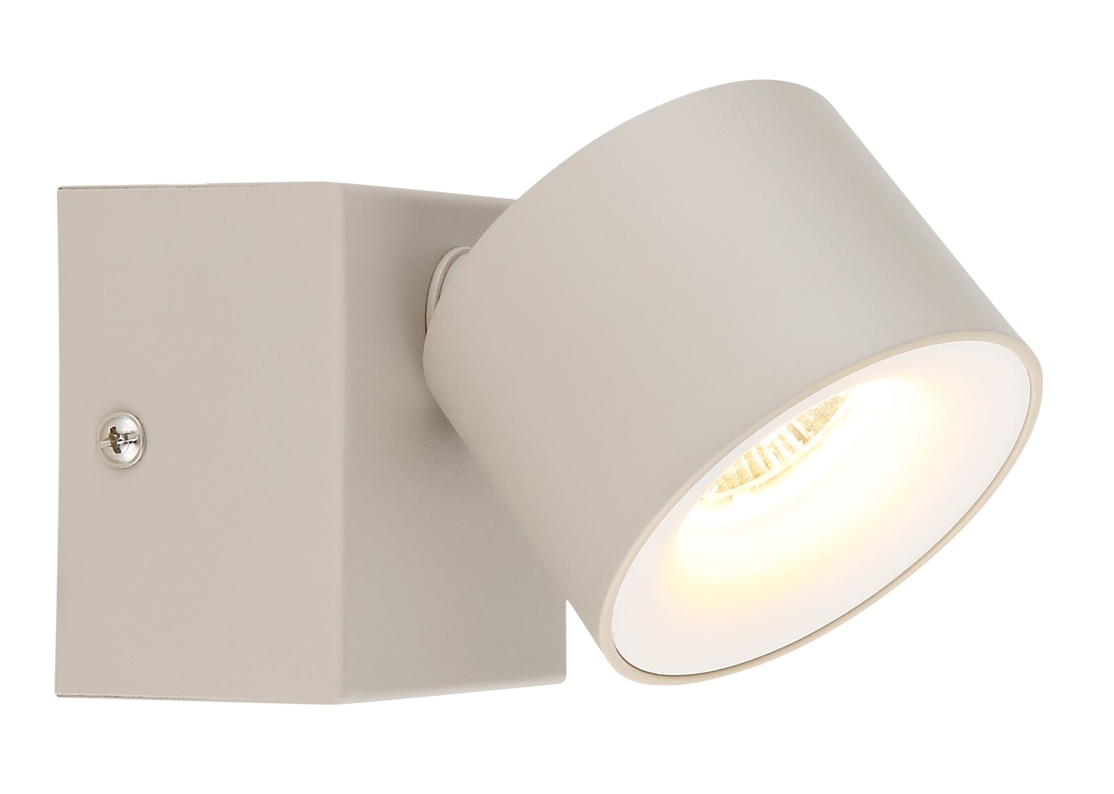 Weiße, moderne Wandlampe mit schwenkbarem Spotkopf und warm leuchtender LED, Seitenansicht schräg von vorn vor weißem Hintergrund