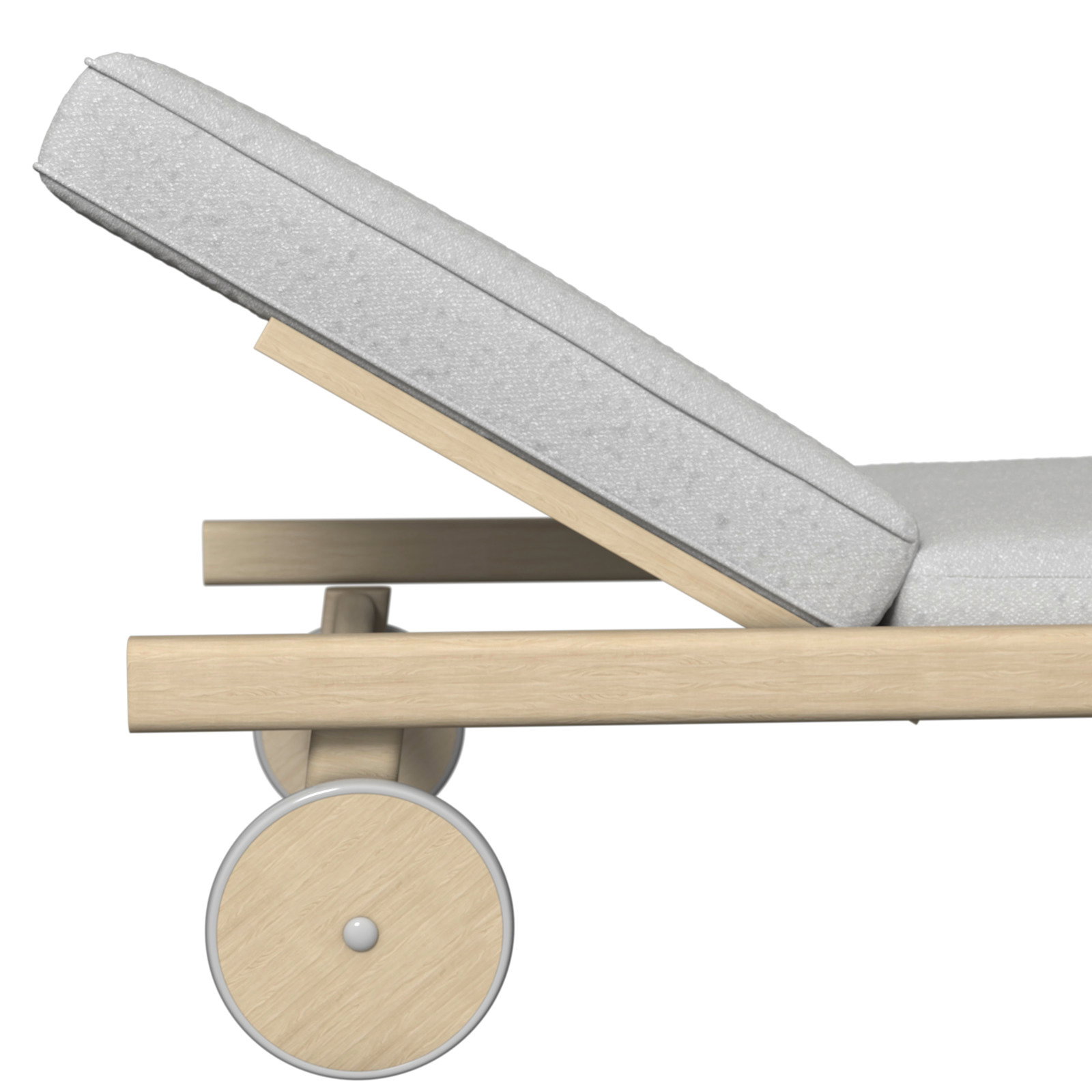 Seitliche Ansicht einer Sonnenliege mit verstellbarer Rückenlehne und Holzrahmen auf Rädern.