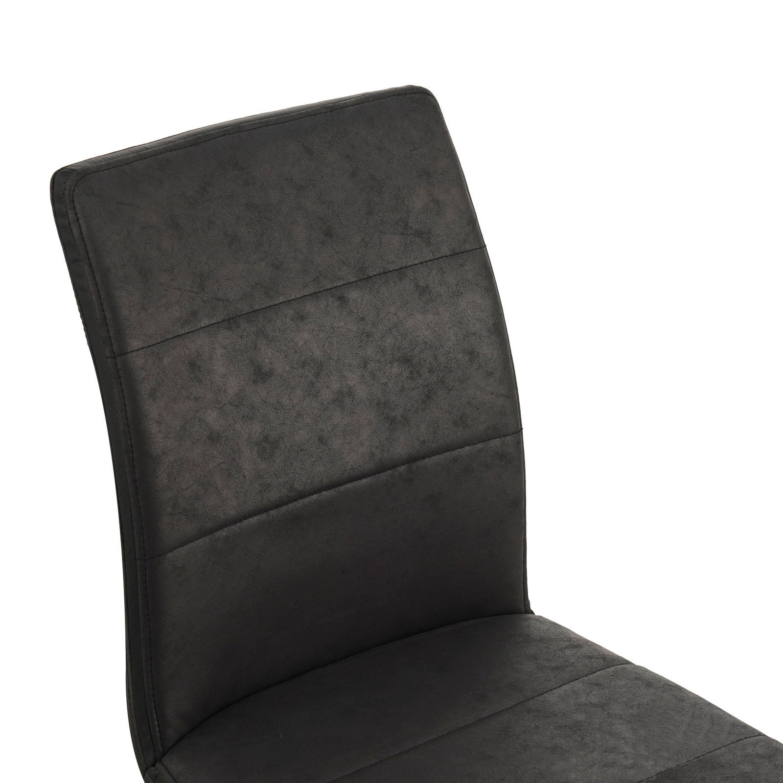 Schwarzer Stuhl mit gepolsterter Rückenlehne, seitliche Perspektive