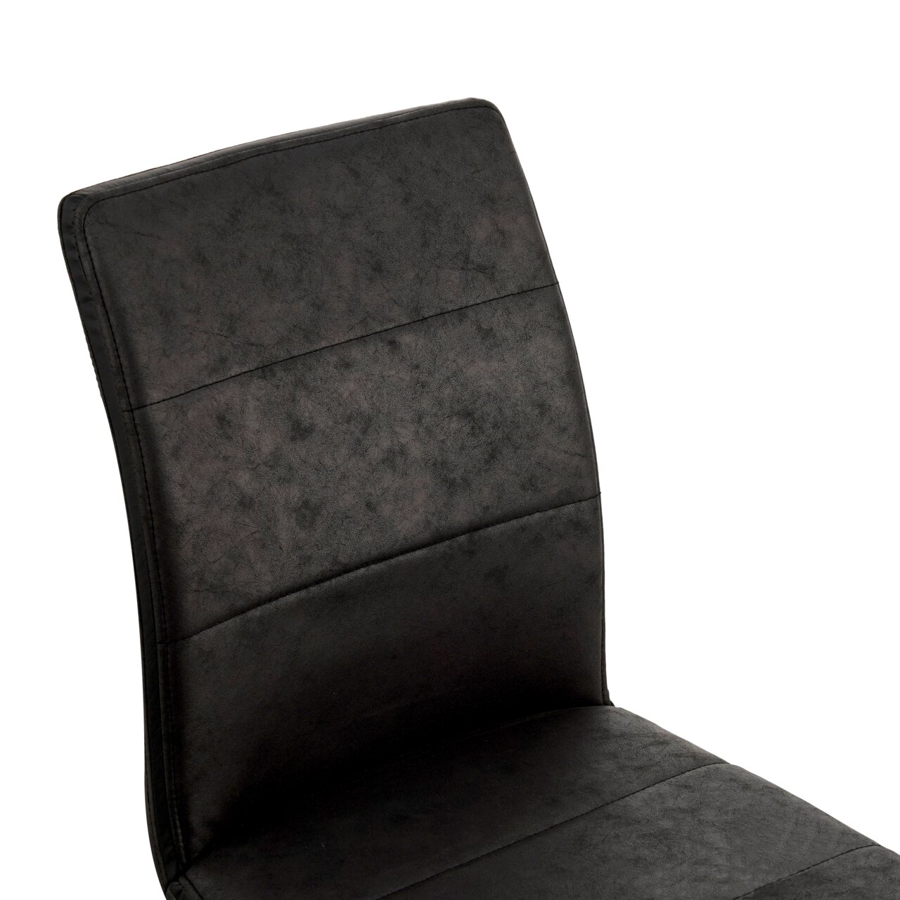 Schwarzer Stuhl mit gepolsterter Rückenlehne, seitliche Perspektive