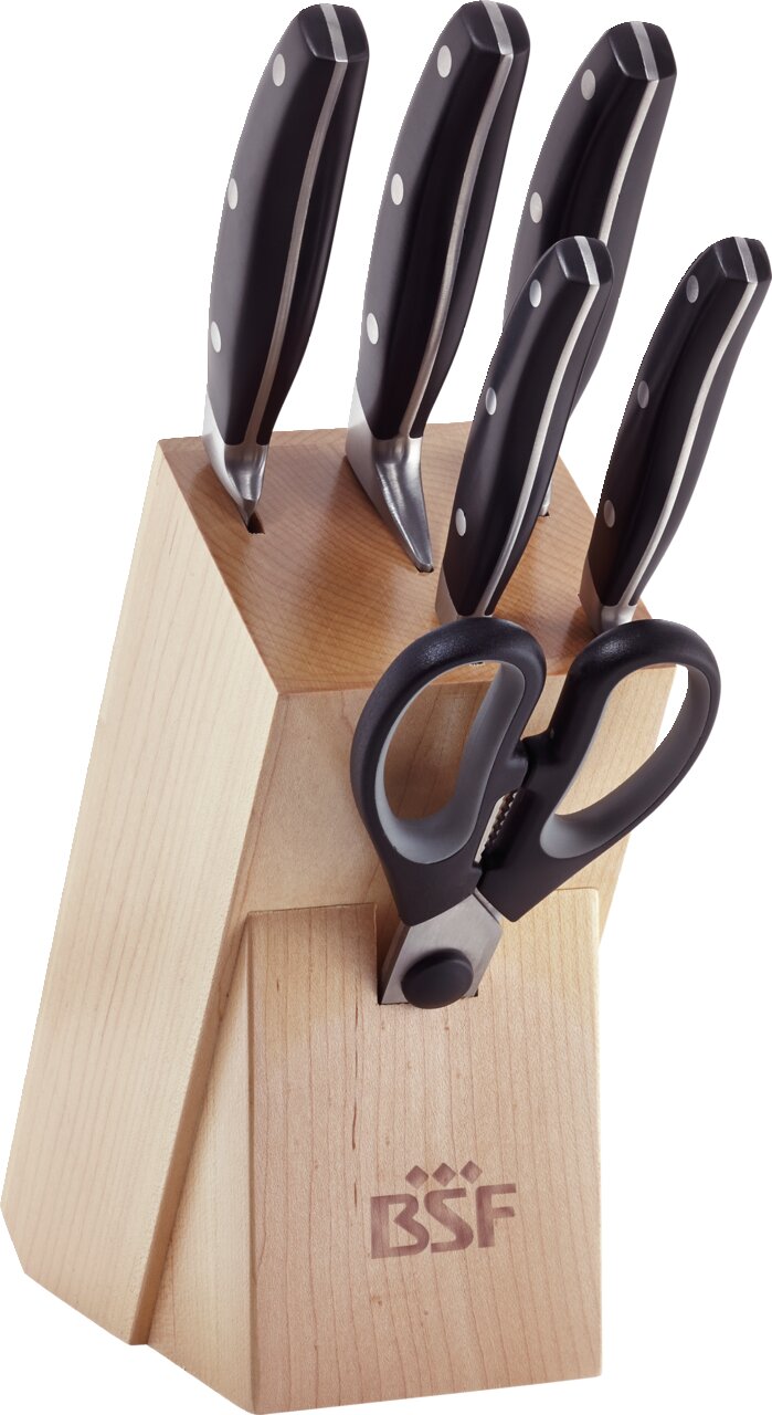 Messerblock aus Holz mit fünf Messern und einer Schere, seitliche Perspektive