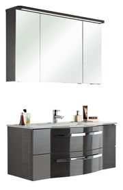 Moderner Badblock mit Spiegelschrank und Waschbecken, seitliche Perspektive