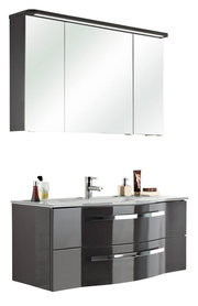 Moderner Badblock mit Spiegelschrank und Waschbecken, seitliche Perspektive