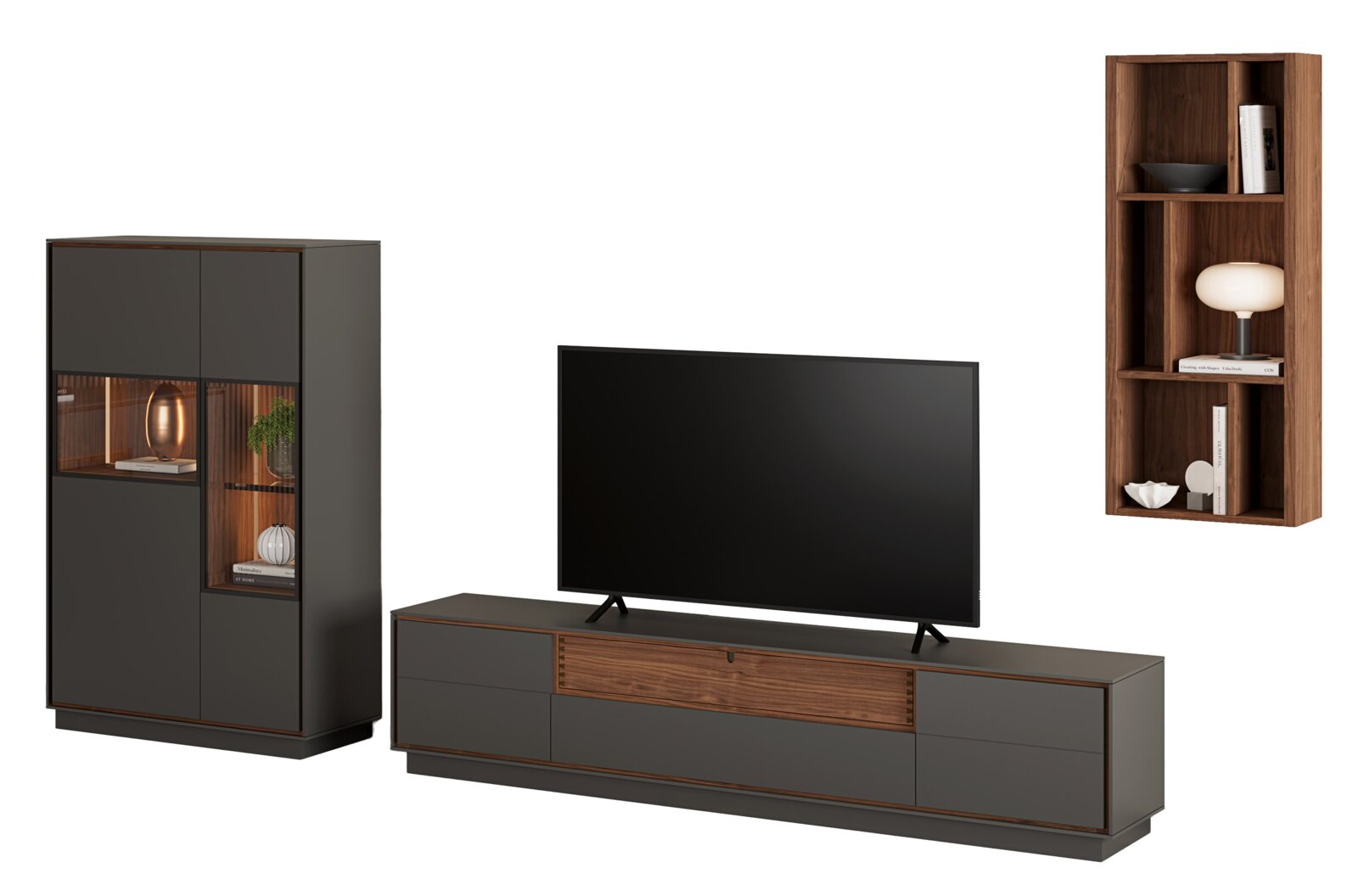 Modernes Wohnzimmermöbel-Set mit TV-Lowboard, Vitrine und Wandregal in Anthrazit und Walnussholz-Optik, frontal in leichter Schrägansicht von vorn auf weißem Hintergrund.