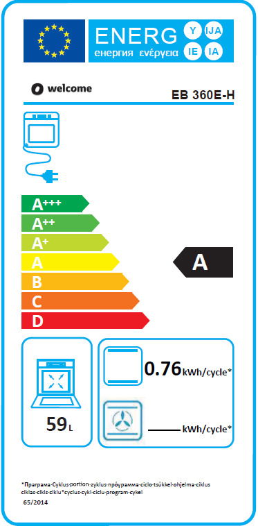 Energieeffizienzlabel für einen Backofen mit der Klasse A, 59 Liter Volumen, Energieverbrauch von 0,76 kWh pro Zyklus, Frontalansicht.