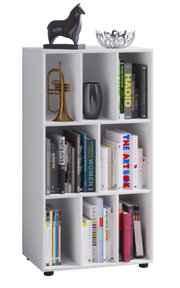 Weißes, rechteckiges Bücherregal mit 8 offenen Fächern, gefüllt mit Büchern und Deko (u. a. Trompete, Vase, Schale und Pferdefigur), freigestellt vor weißem Hintergrund, Perspektive: frontale Ansicht mit leichter Schrägansicht von links.