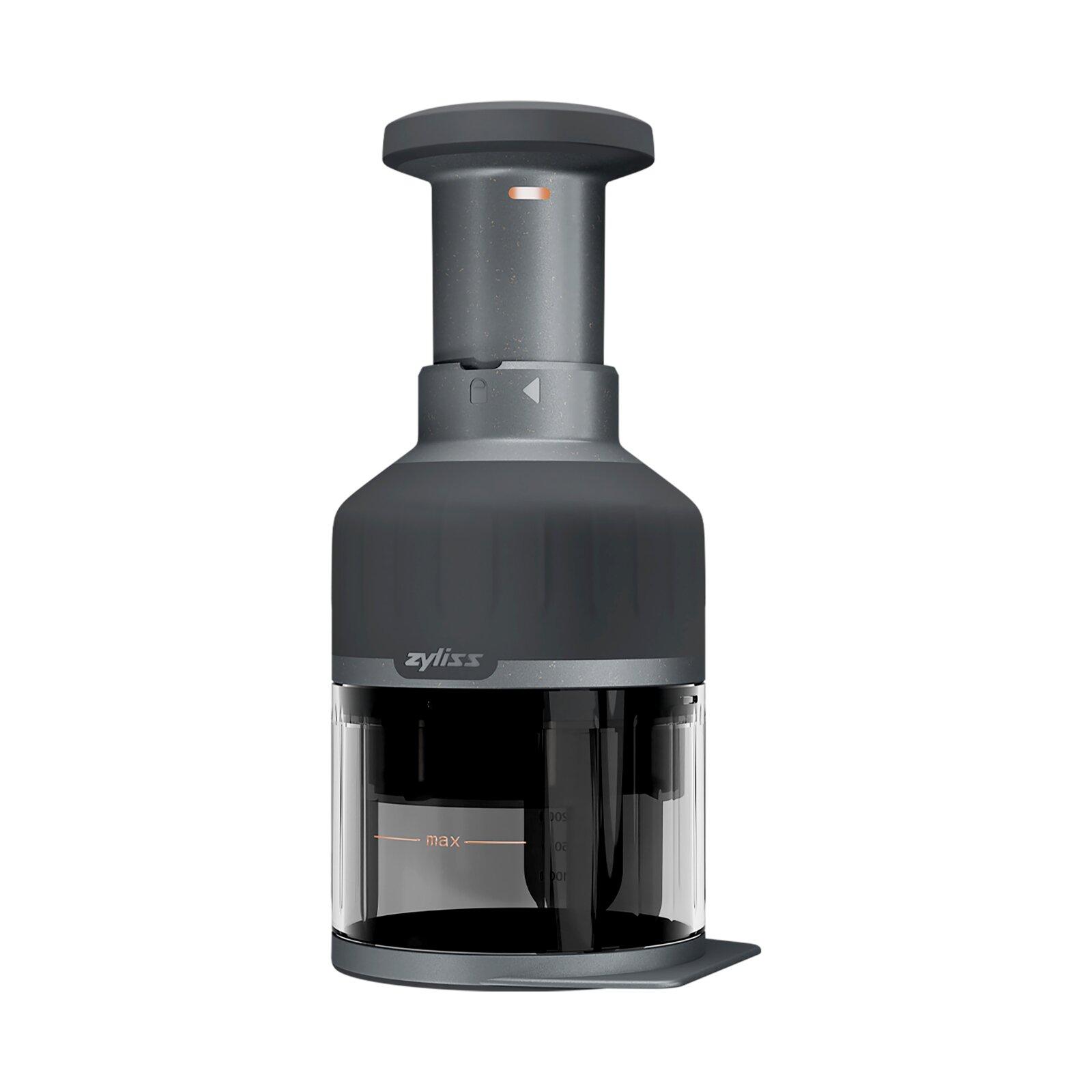 Zyliss Groentehakker ZICK ZACK 3 Zyliss handmatige food chopper/hakmolen met drukknop, donkergrijs met transparante opvangbak en max-markering, productfoto van voren (frontaanzicht) op witte achtergrond