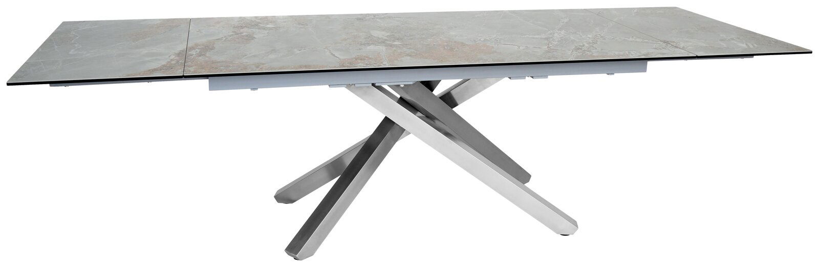 Moderner Esstisch mit grauer Marmoroptik und gekreuztem Metallgestell, seitliche Perspektive