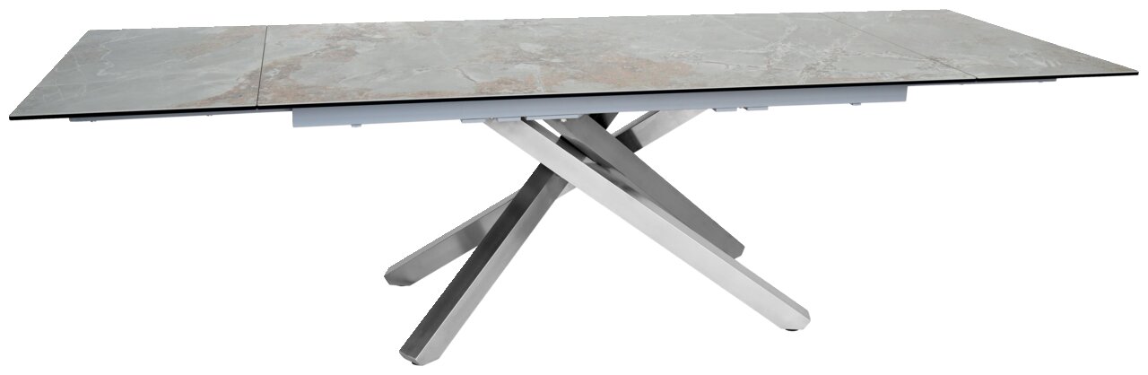 Moderner Esstisch mit grauer Marmoroptik und gekreuztem Metallgestell, seitliche Perspektive