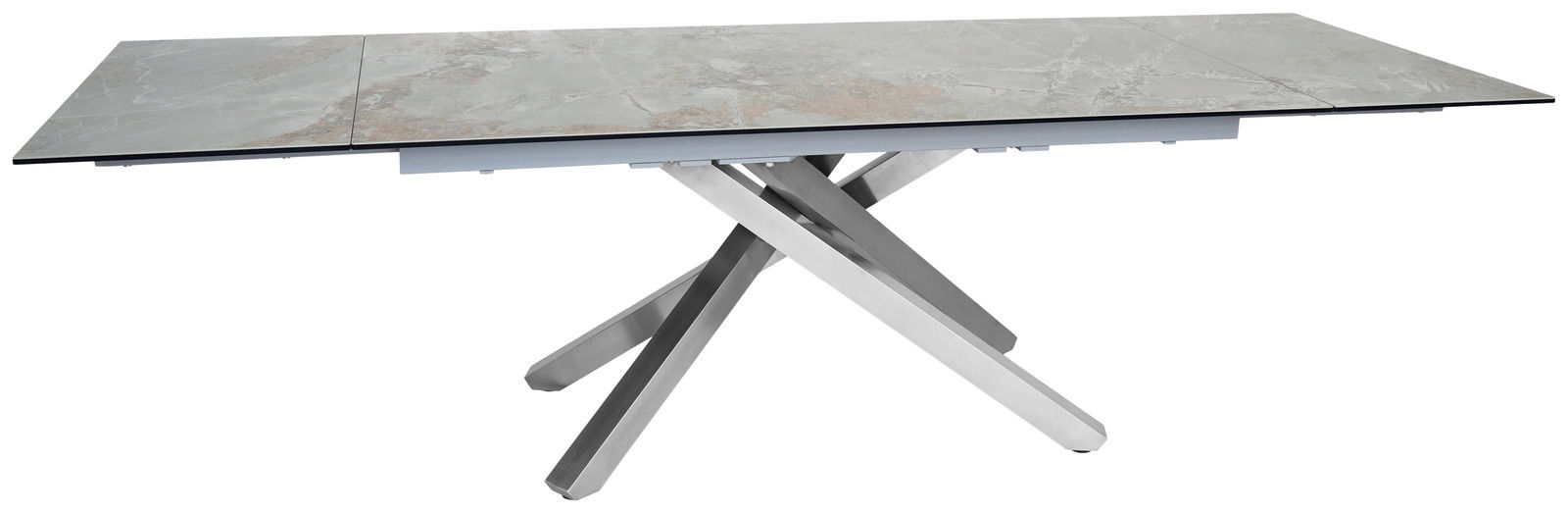 Moderner Esstisch mit grauer Marmoroptik und gekreuztem Metallgestell, seitliche Perspektive