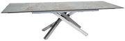 Moderne eettafel met grijze marmerlook en gekruist metalen onderstel, zijaanzicht
