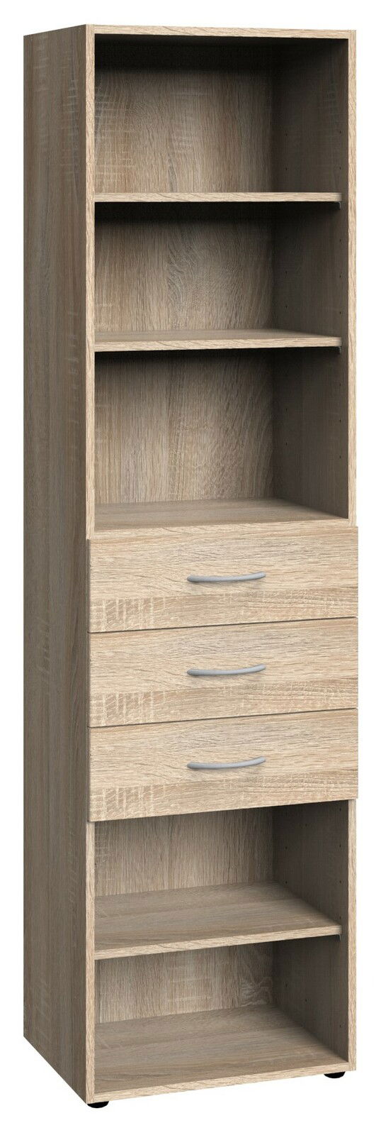 Hohes Regal aus Holz mit drei offenen Fächern und vier Schubladen, frontale Perspektive