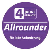 Lila Aufkleber mit der Aufschrift '4 Jahre Garantie Allrounder für jede Anforderung' in einer kreisförmigen Ansicht.