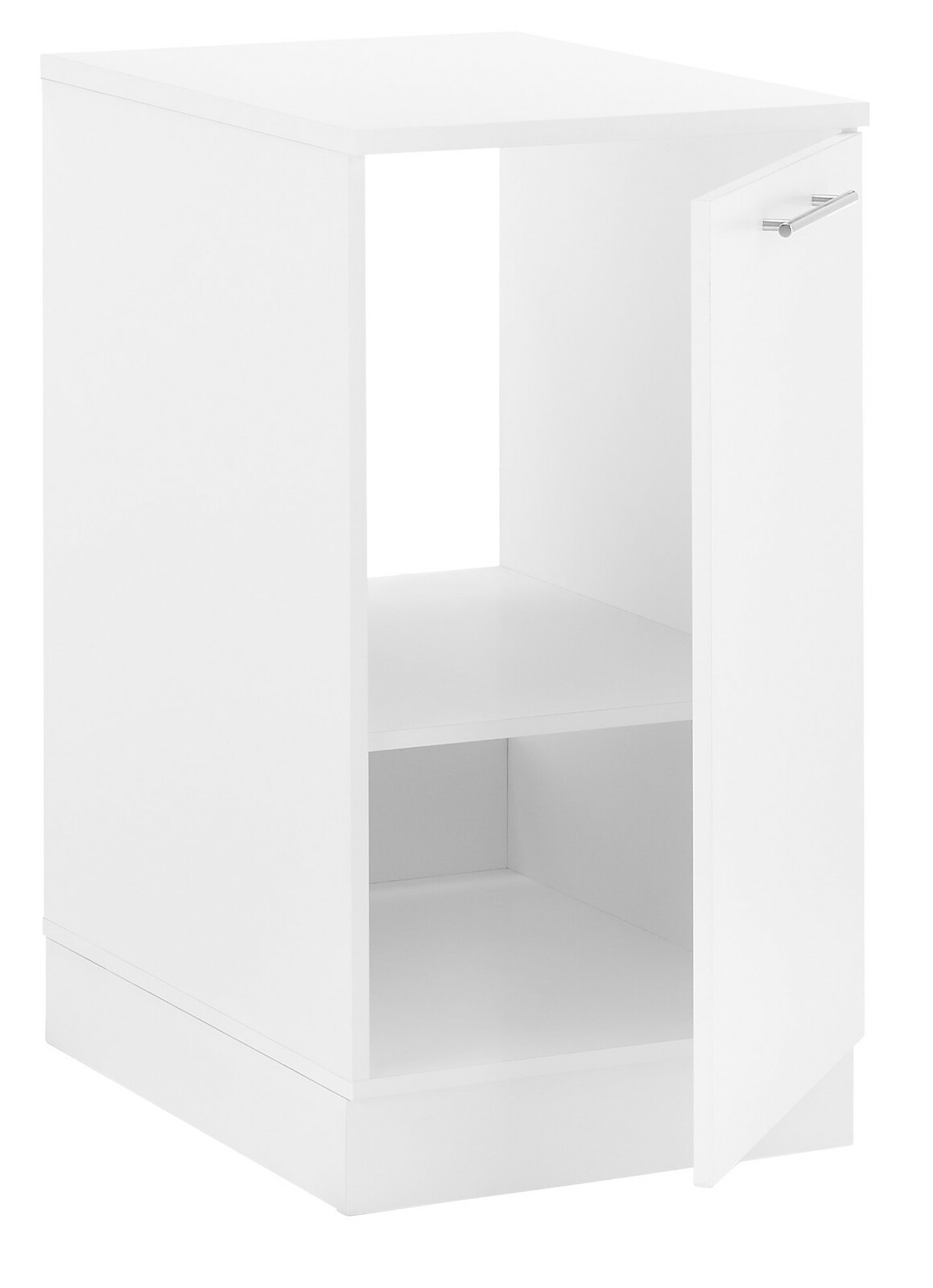 Weißer Spülenunterschrank mit offener Tür, seitliche Perspektive