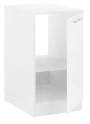 Weißer Spülenunterschrank mit offener Tür, seitliche Perspektive