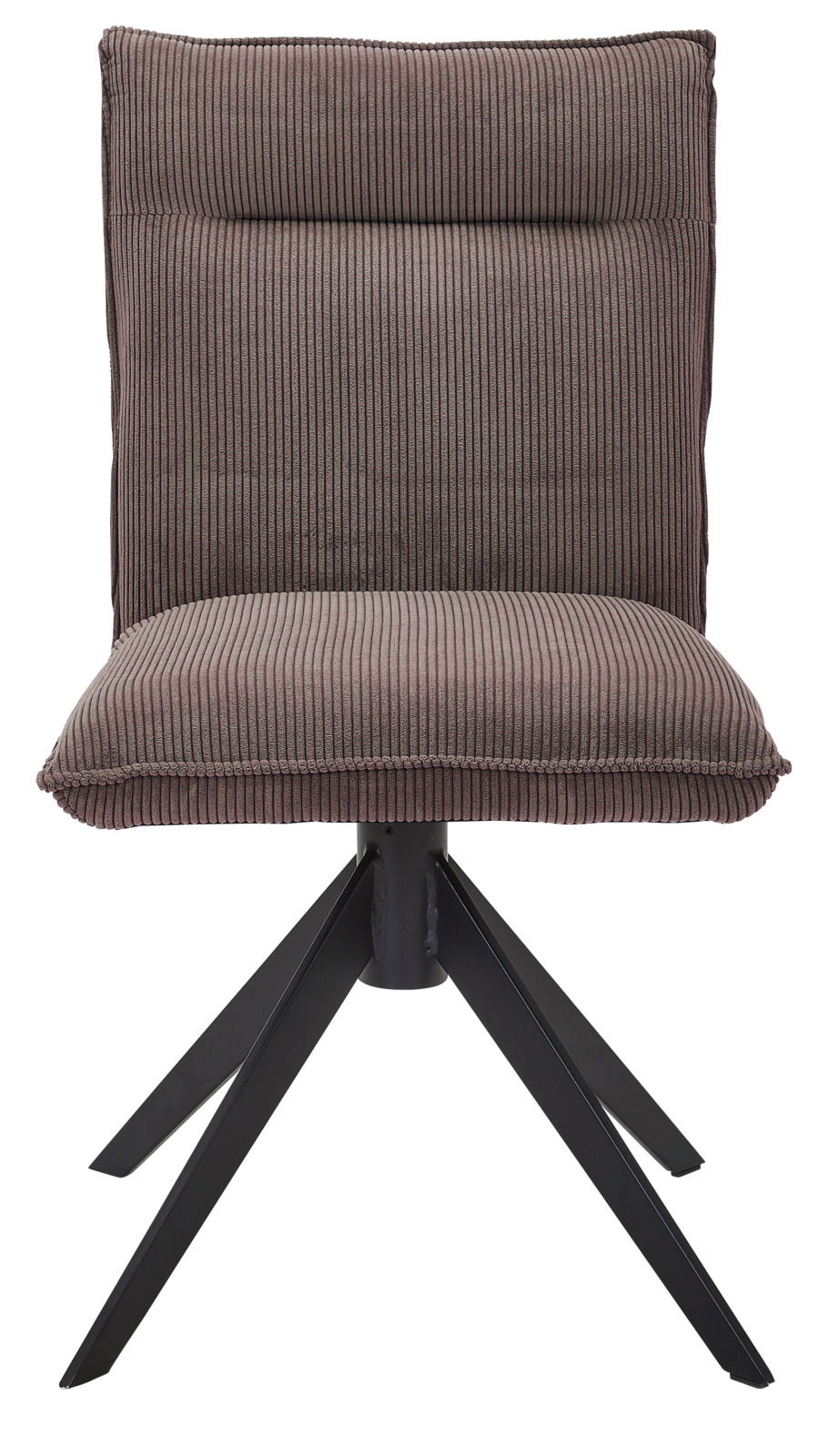 Vorderansicht eines modernen Stuhls mit gepolstertem, geripptem Stoffbezug und schwarzem Metallgestell.