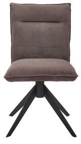 Vorderansicht eines modernen Stuhls mit gepolstertem, geripptem Stoffbezug und schwarzem Metallgestell.