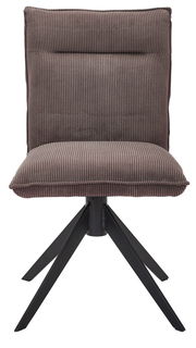 Vorderansicht eines modernen Stuhls mit gepolstertem, geripptem Stoffbezug und schwarzem Metallgestell.