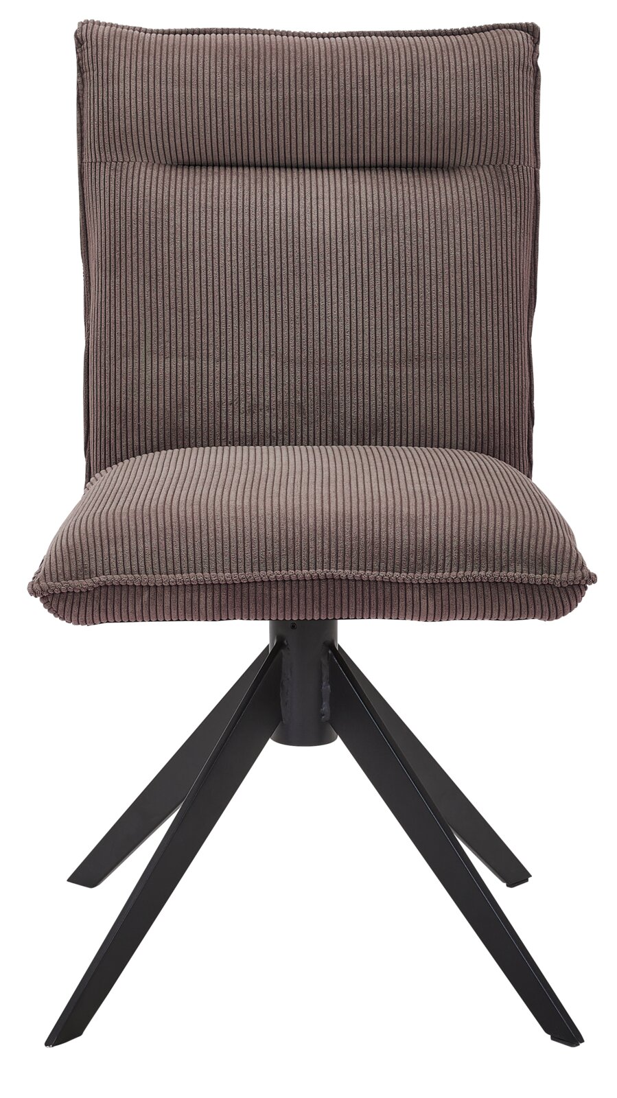 Vorderansicht eines modernen Stuhls mit gepolstertem, geripptem Stoffbezug und schwarzem Metallgestell.