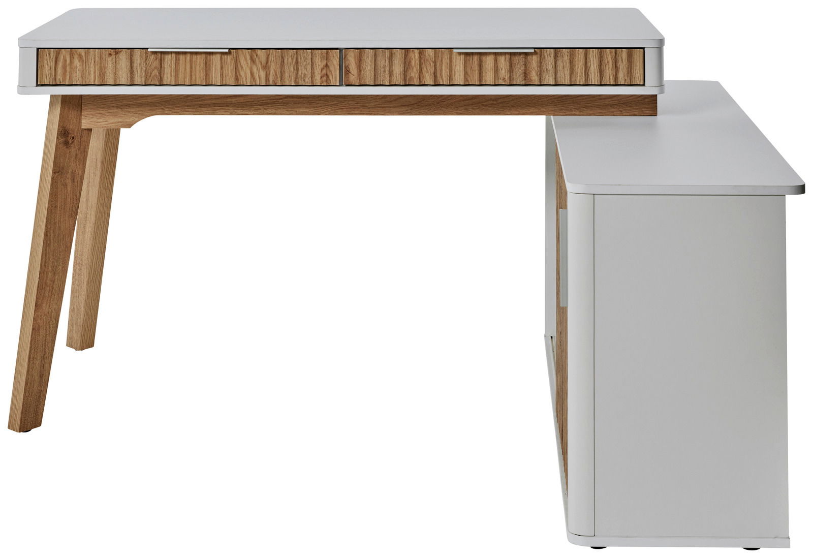 Moderner Eck-Schreibtisch mit Anbau, Seitenansicht, weiße und holzfarbene Elemente, zwei Schubladen.