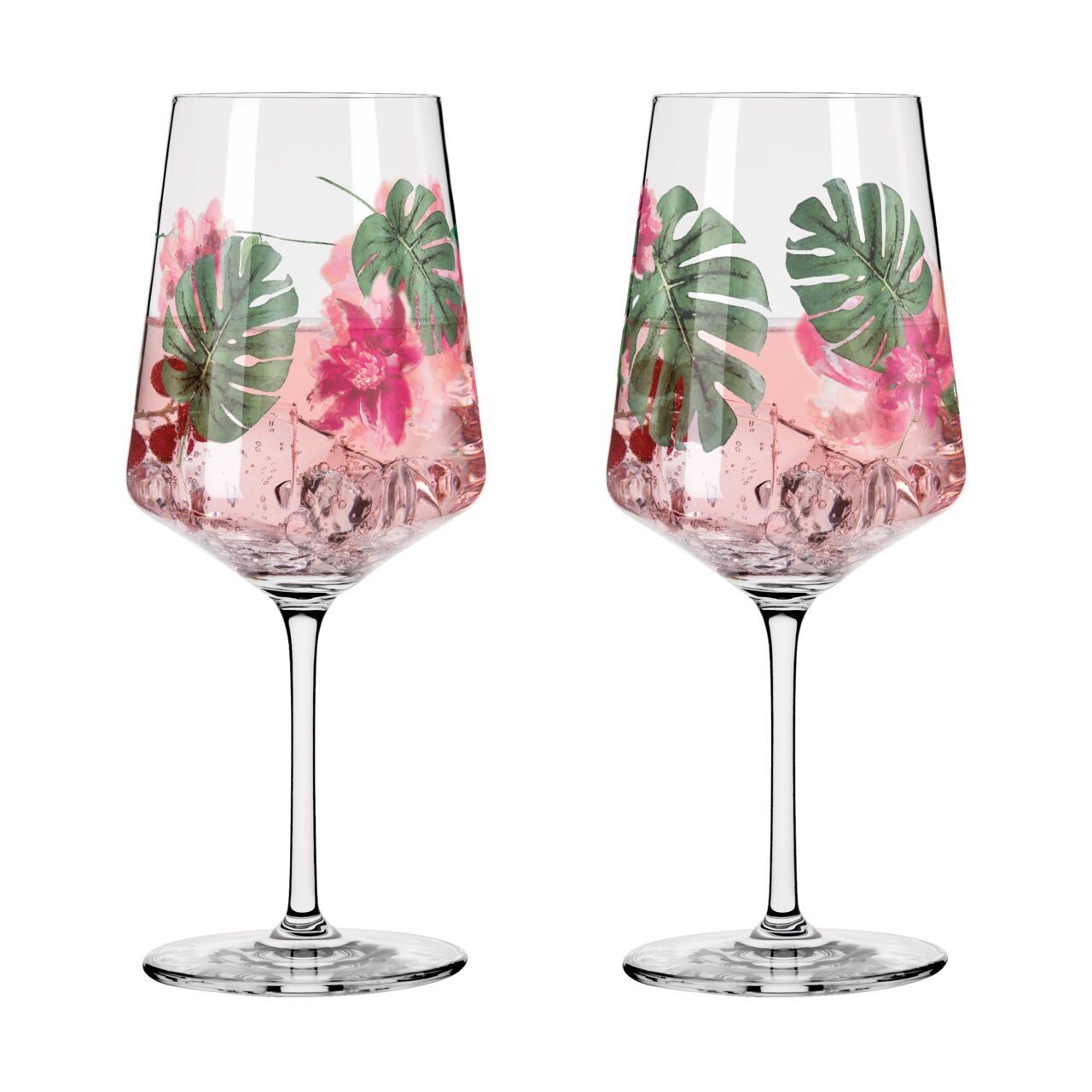 Ritzenhoff Sprizz 2er-Set SOMMERSONETT Zwei elegante Weingläser mit tropischem Blumen- und Blätterdesign, gefüllt mit einem rosa Getränk, aus der Frontalperspektive.