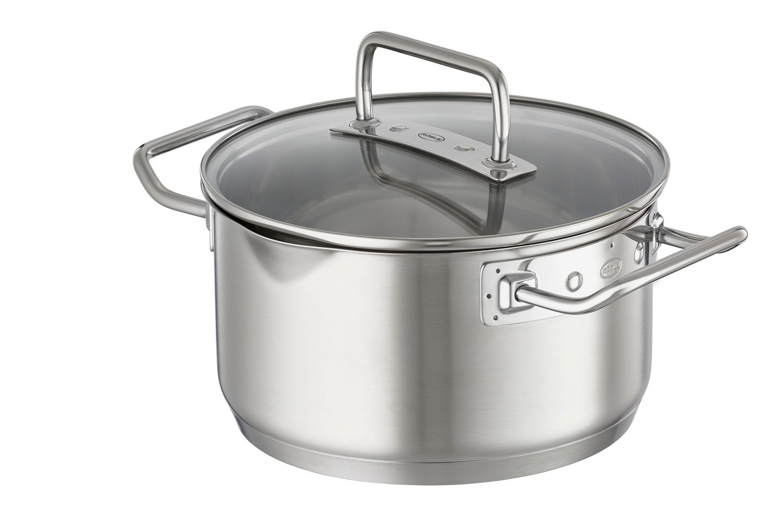 Silberner Kochtopf Expertiso 20cm mit Glasdeckel und seitlichen Griffen, seitliche Perspektive