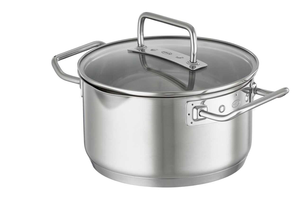 Silberner Kochtopf Expertiso 20cm mit Glasdeckel und seitlichen Griffen, seitliche Perspektive