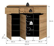 Frontansicht eines 120 x 94 x 37 cm großen Sideboards in Holzoptik mit schwarzem Innenraum, drei offenen Türen und Maßangaben/Fachhöhen sowie Belastungsangaben (10 kg oben, 2 kg Schublade, 5 kg Fach).