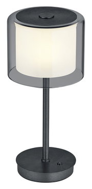 Moderne LED-Tischleuchte KLARA mit zylindrischem, transparentem Schirm und schwarzem Sockel, seitliche Perspektive