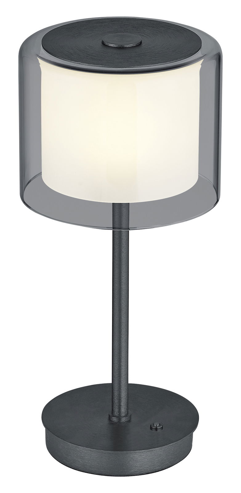 Elements by Bankamp LED-Tischleuchte KLARA Moderne LED-Tischleuchte KLARA mit zylindrischem, transparentem Schirm und schwarzem Sockel, seitliche Perspektive