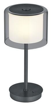 Moderne LED-Tischleuchte KLARA mit zylindrischem, transparentem Schirm und schwarzem Sockel, seitliche Perspektive