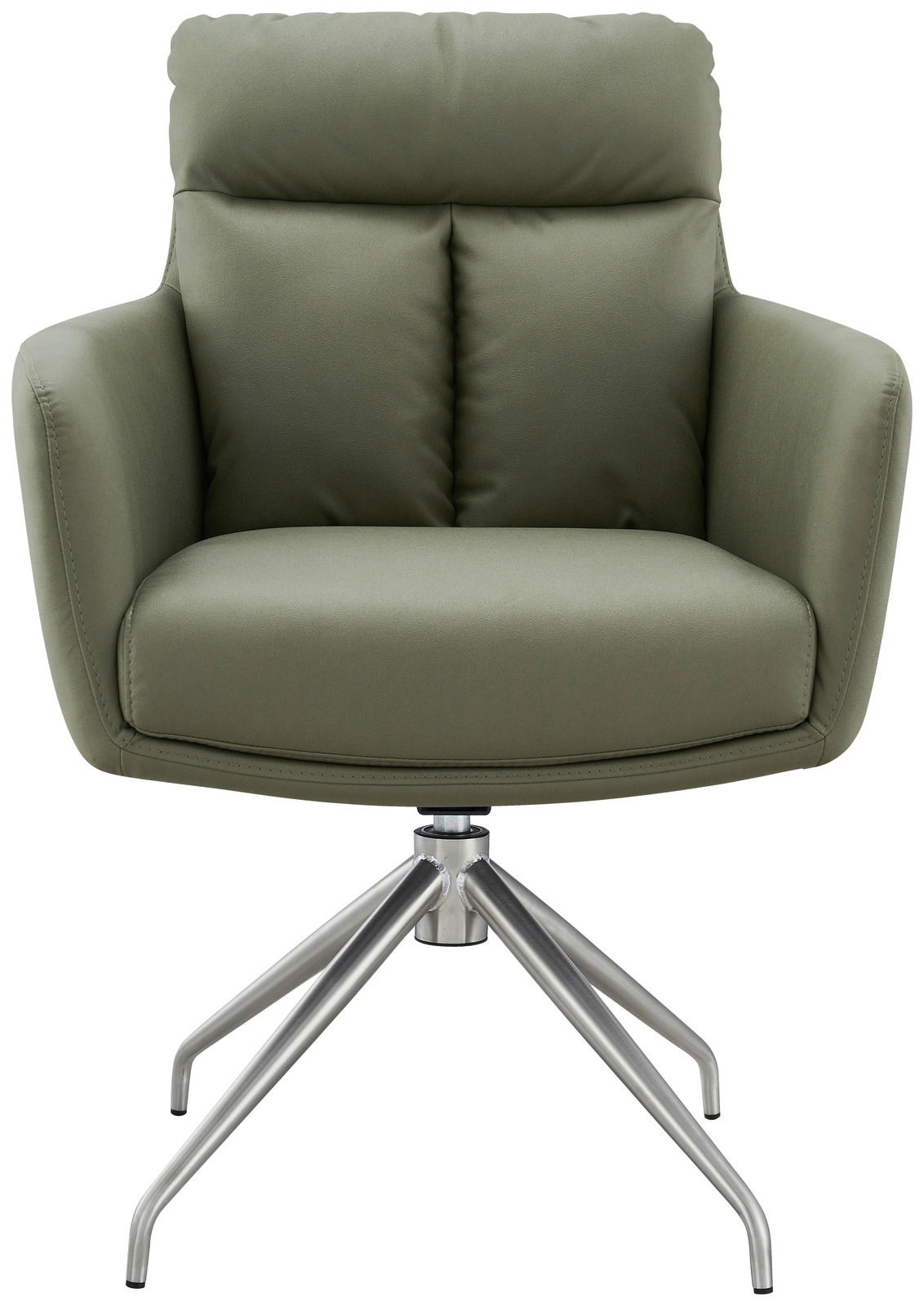 Grüner Armlehnstuhl mit Metallgestell, Frontalansicht