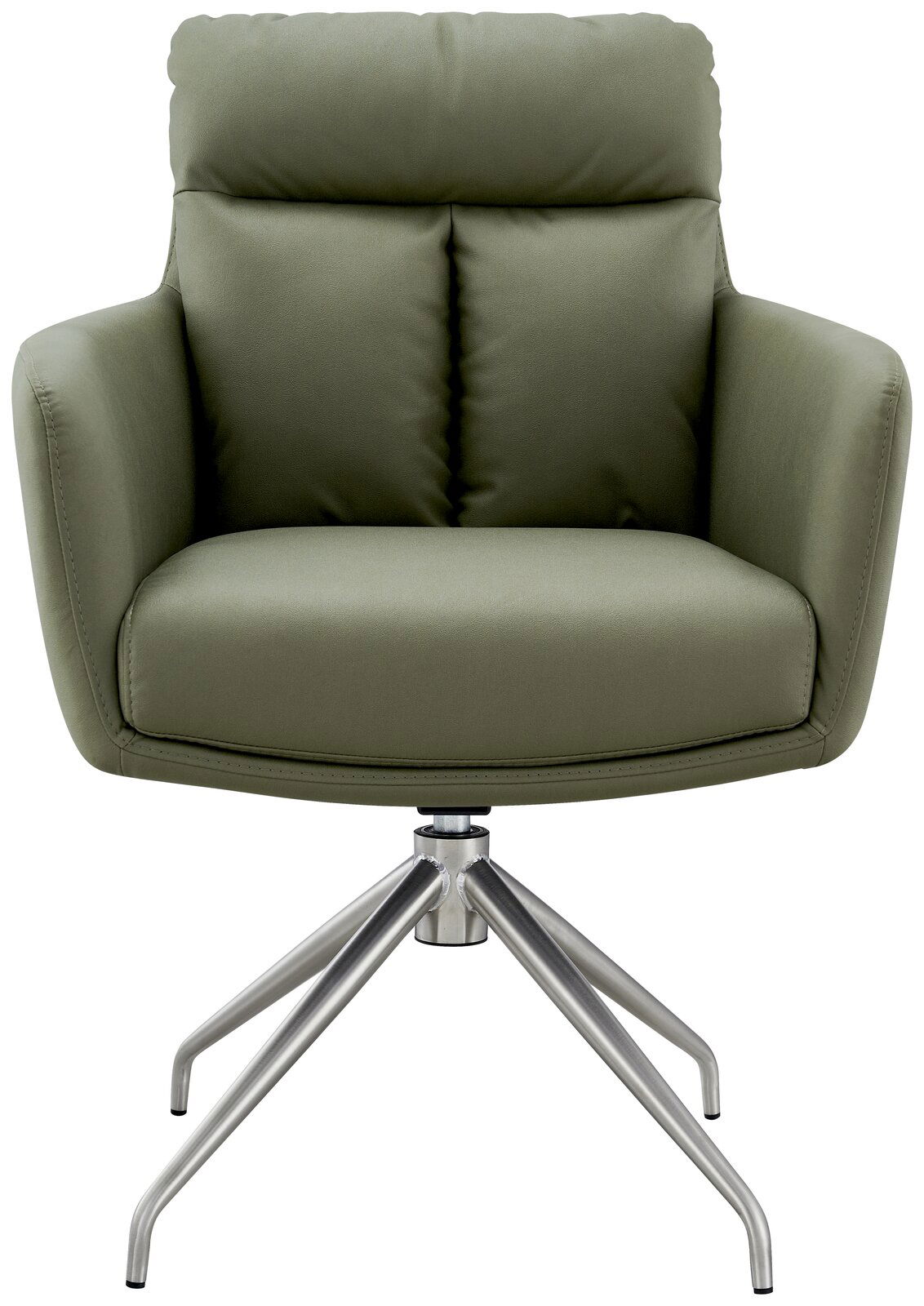 Grüner Armlehnstuhl mit Metallgestell, Frontalansicht