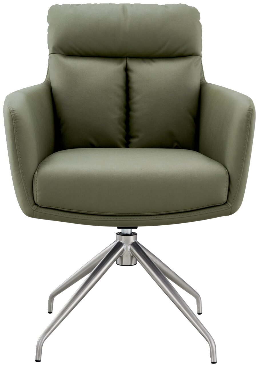 Grüner Armlehnstuhl mit Metallgestell, Frontalansicht