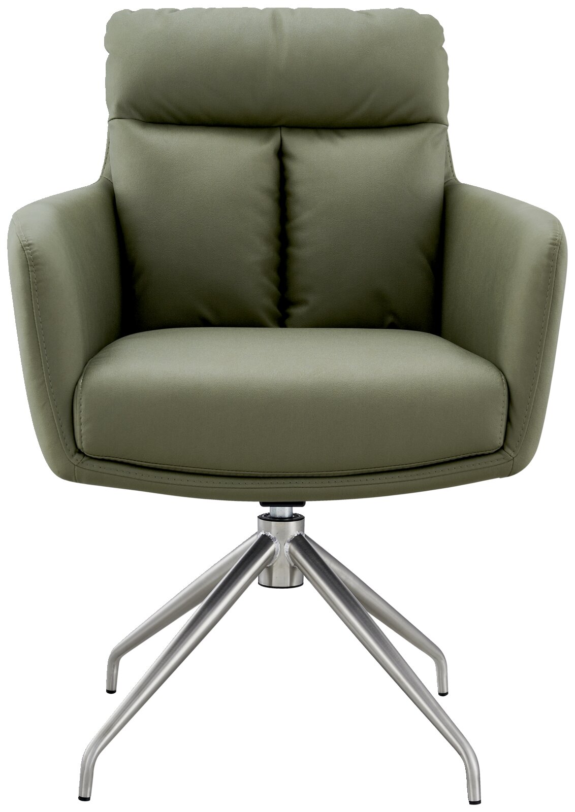Groene fauteuil met metalen frame, vooraanzicht