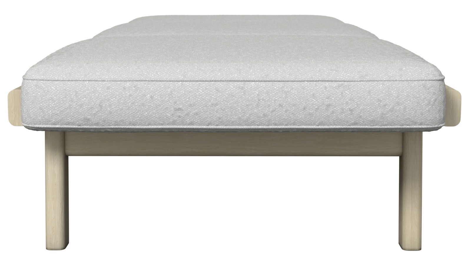 Frontansicht einer Sonnenliege mit weißem Polster und Holzgestell.