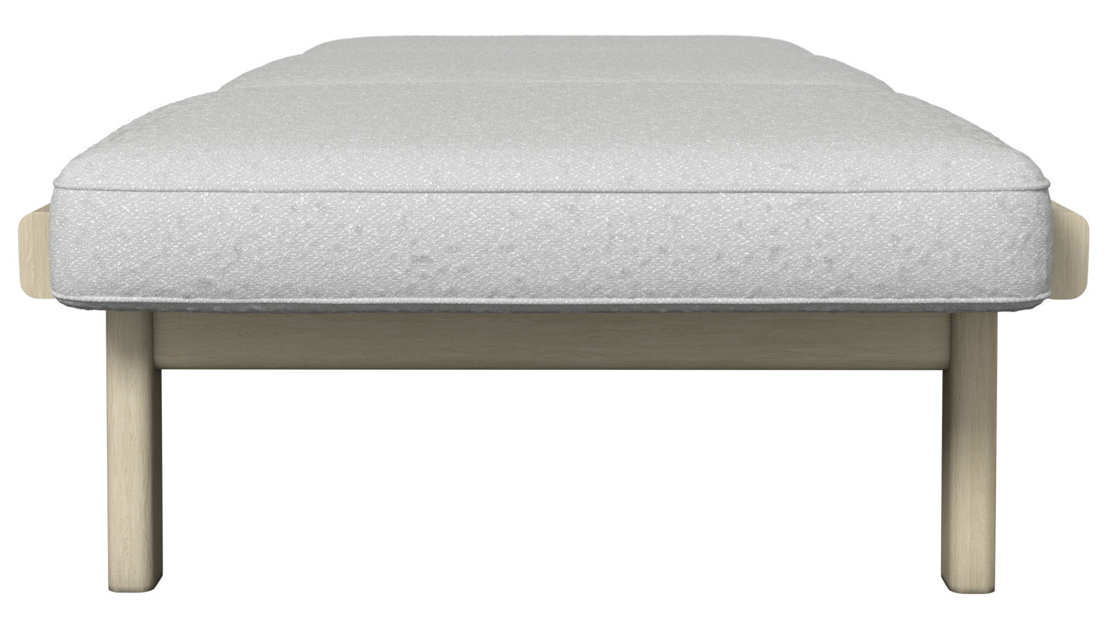 Frontansicht einer Sonnenliege mit weißem Polster und Holzgestell.