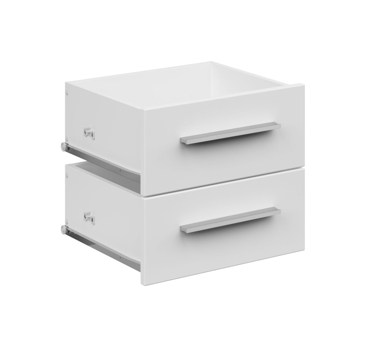 Zwei weiße, schmale Schubladen mit silbernen Griffen, seitliche Perspektive